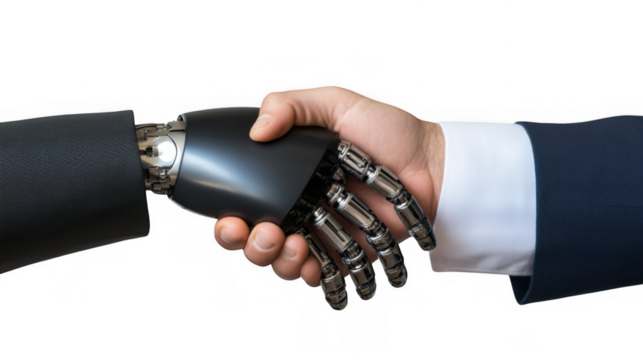 Robotic hand shakes human hand in a gesture of collaboration and partnership between technology and humanity