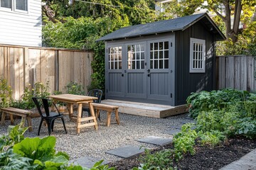 Backyard shed with patio furniture and garden