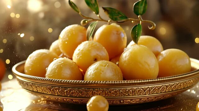 A beautifully arranged plate of fresh golden Indian gooseberries (amla), symbolizing health, prosperity, and traditional Indian rituals.  
