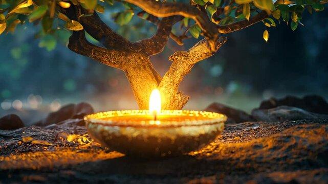 A golden diya lamp burning under a sacred tree, symbolizing spirituality, peace, and devotion in Indian traditions and festivals.  

