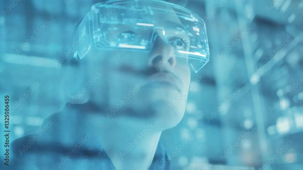 Poster young man software engineer wearing futuristic augmented reality glasses analyzing holographic data 