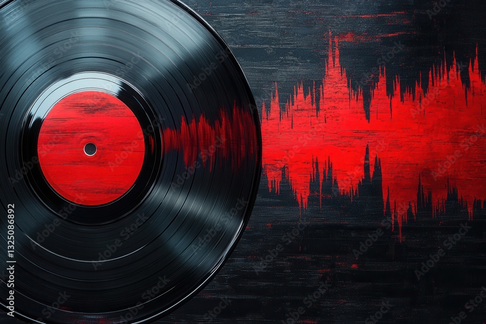 Poster stylish vinyl record texture showcases rhythmic soundwave ripples in modern black and red design wit