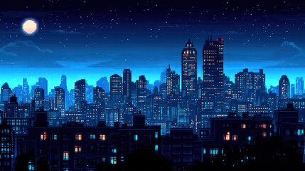A pixelated artwork depicting a cityscape during a beautiful nighttime