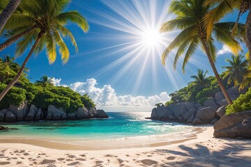 Obraz premium Tropical Beach Escape with Sunlit Shores Sparkling Sands and Clear Summer Skies