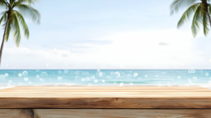 Fototapeta premium Empty Rustic Wooden Table With Blurred Tropical Beach Ocean Palm Trees And Bokeh Lights Background For Product Display In Summer