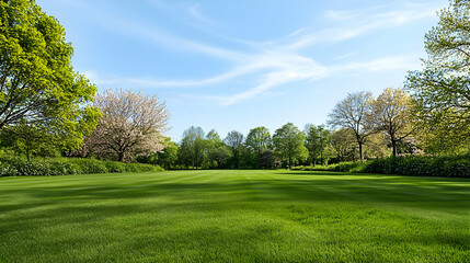 Fototapeta premium Lush Green Grassy Field With Blooming Trees Under A Bright Blue Sky In A Serene Park Landscape During Spring
