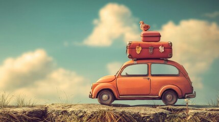 Fototapeta premium Vintage orange car with luggage on a rural road