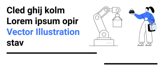 Robotic arm handing a cupcake to a woman with shopping bags symbolizes innovation in automation, AI, and modern conveniences. Ideal for technology, AI, robotics, retail, automation, futuristic