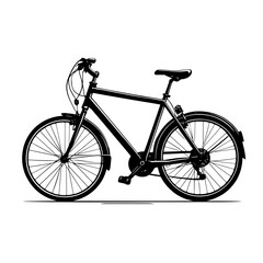 Fototapeta premium An illustration featuring a black bicycle silhouette set against a clean white background showing detailed wheels, frame, handlebars, and pedals.