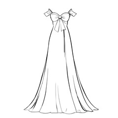 Sophisticated Dress Design Featuring Front Slit, Strapless Silhouette, Striking Bow at Chest, and Airy Doll Sleeves in Detailed Flat Pattern