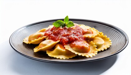delicious plate of ravioli with tomato sauce isolated on a white background