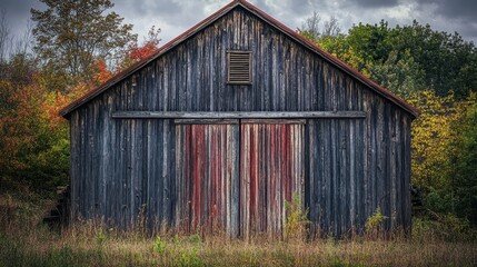 Rustic wooden barn with red doors surrounded by colorful autumn foliage