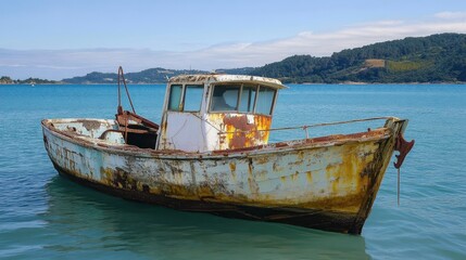 Obraz premium A weathered wooden boat floats alone on a calm turquoise ocean