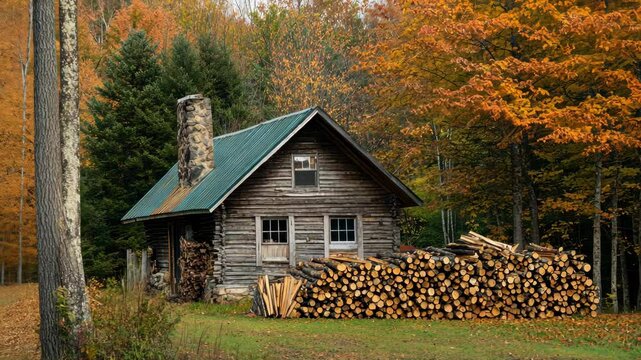 Rustic cabin in autumn woods with stacked firewood and falling leaves