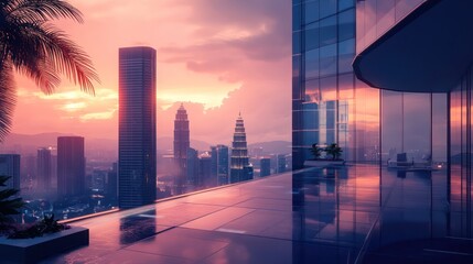 City skyline view from a modern building rooftop at sunset