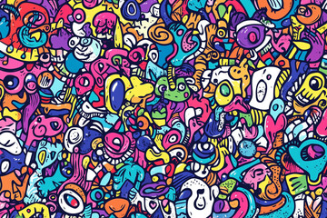 Naklejka premium Hand-drawn doodle art background, professional illustrated pattern, organized randomness, gentle color palette with pops of bright colors, notebook aesthetic