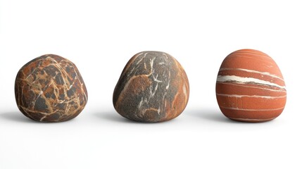 Three smooth, colorful stones on white background.