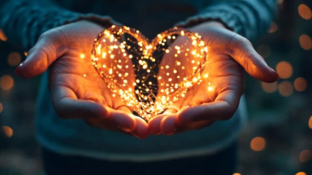 Hands holding glowing heart shaped light string, conveying love and gentle affection