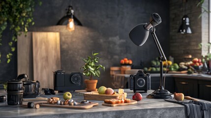 Stylish home workspace with photography equipment
