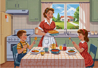 1950s family poster, mother holding a casserole dish with children playing around, suburban kitchen setting, pastel colors, mid-range shot, vintage text font, 1950s style posters in vector style