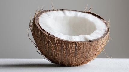 Fresh coconut half on a neutral background