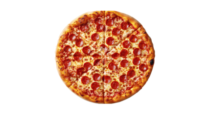 A round pizza topped with pepperoni slices, cut into equal triangular pieces. Delicious Pizza Margherita Isolated on White Background for Culinary Art and Food Promotion.