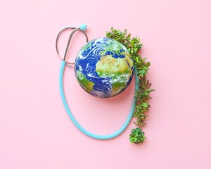 Earth globe with stethoscope and plant on pink background