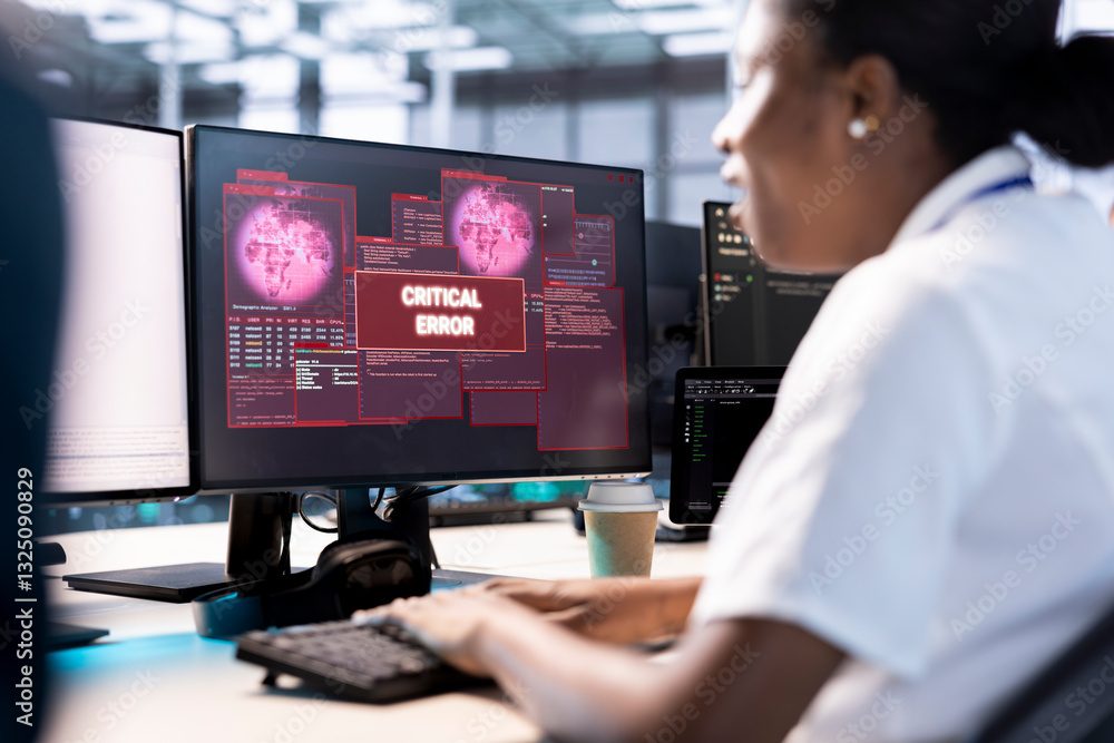 Poster african american computer scientist in server hub working to protect equipment from hacker. woman in