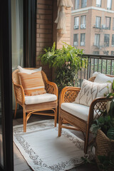 Cozy Balcony with Wicker Furniture and Green Plants