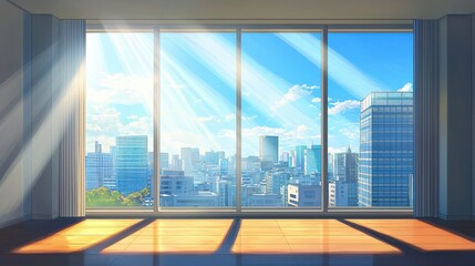Bright cityscape view through floor-to-ceiling windows