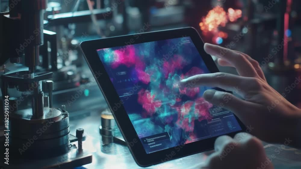 Aufkleber engineers using a futuristic digital tablet display vibrant 3d models, highlighting innovative techn