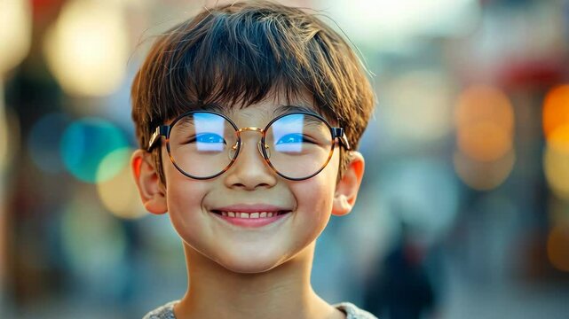 Joyful child with glasses smiling and enjoying blurred urban lights at dusk