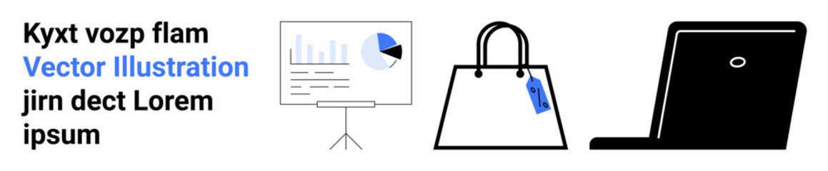Bar chart and pie chart on board, shopping bag with handle and tag, open laptop computer. Ideal for retail analytics, e-commerce, marketing, sales, data visualization, business strategy flat landing