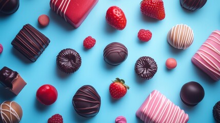 Obraz premium Assorted gourmet chocolates on a pastel blue background