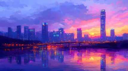 Naklejka premium A beautiful city skyline painting reflecting in the water at sunset