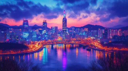 Obraz premium Illuminated cityscape reflected in water during a beautiful evening