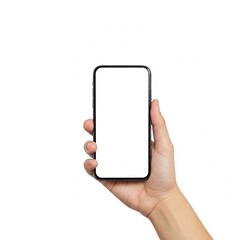 Hand holding smart phone mockup and screen transparent and clipping path isolated for infographic business website design app