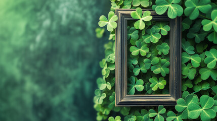St. Patrick's Day clover spring background with empty frame in foreground