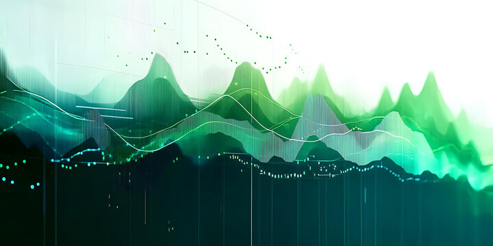 Abstract data and information visualization, increasing function and line graph concept, in tones of green and teal.