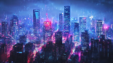 Fototapeta premium Illuminated modern metropolis skyline in digital abstract artwork style