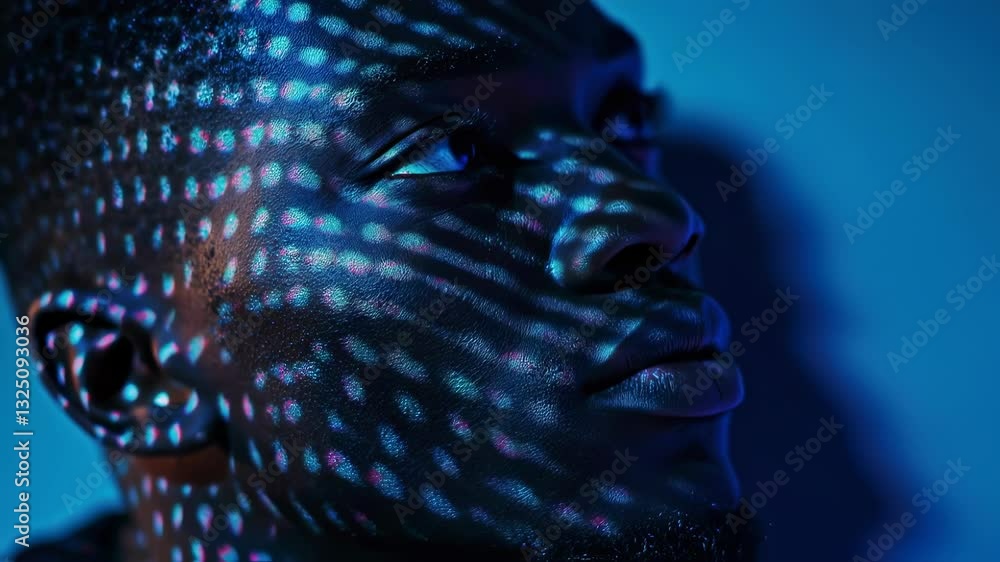 Poster artistic portrait of a young man with a projected pattern of light and shadow creating an interestin