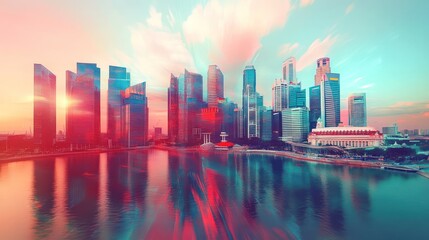 Fototapeta premium Modern city skyline overlooking a tranquil water reflection with color effects