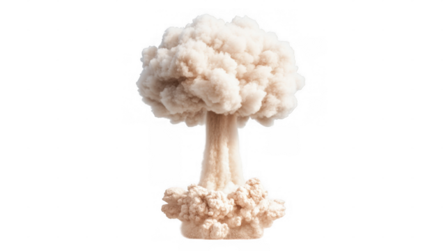 Large explosion cloud rising from ground with thick smoke and billowing top against transparent background