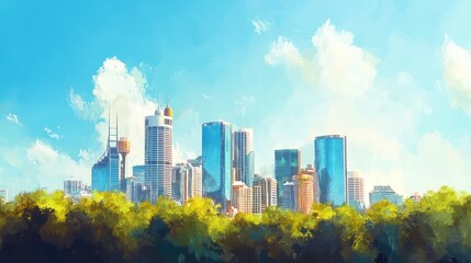 Obraz premium A painted view of a cityscape with tall buildings and sky
