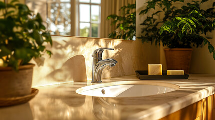 Fototapeta premium Modern chrome faucet above a white sink surrounded by lush green plants, soft natural light through windows. Concept of tranquility and elegance in contemporary bathroom design, wellness spaces