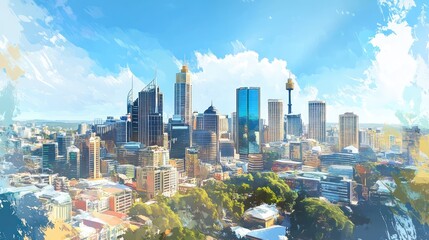 Fototapeta premium An artistic rendering of a vibrant cityscape under a sunny sky