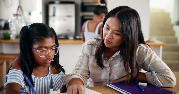 Homework, girl and mom with child for learning, support and care for studying, education and growth. Mother, single parent and female kid writing in book for knowledge, math and skills development