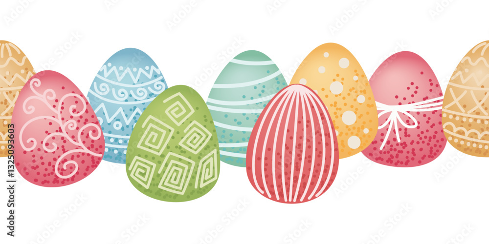 Poster easter eggs with various decorative patterns in a seamless row. seamless easter pattern for frame or