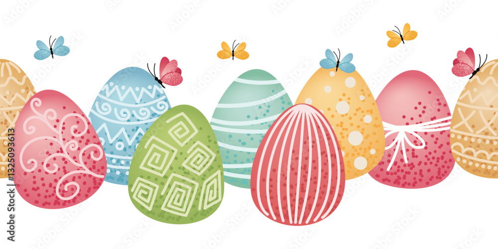 Poster decorative easter eggs with intricate patterns and colorful butterflies. seamless easter pattern for