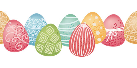 Easter eggs with various decorative patterns in a seamless row. Seamless Easter pattern for frame or border. Vector illustration.